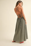 Gingham Cross Strap Midi Dress in Black & Taupe