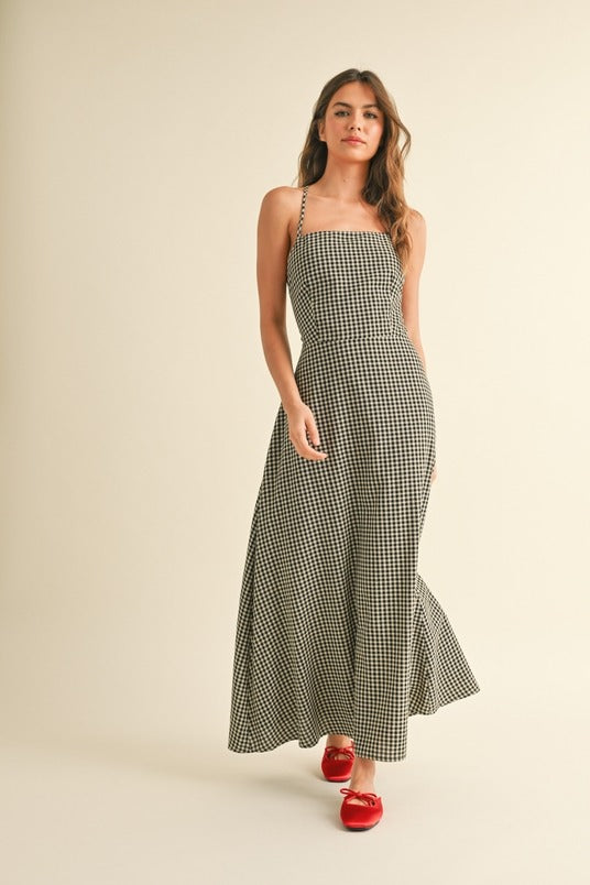 Gingham Cross Strap Midi Dress in Black & Taupe