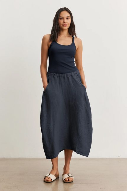 The Fae Lightweight Linen Barrel Skirt in Deep Teal