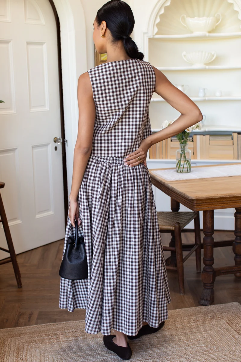 Smocked Maxi Skirt in Cocoa Gingham