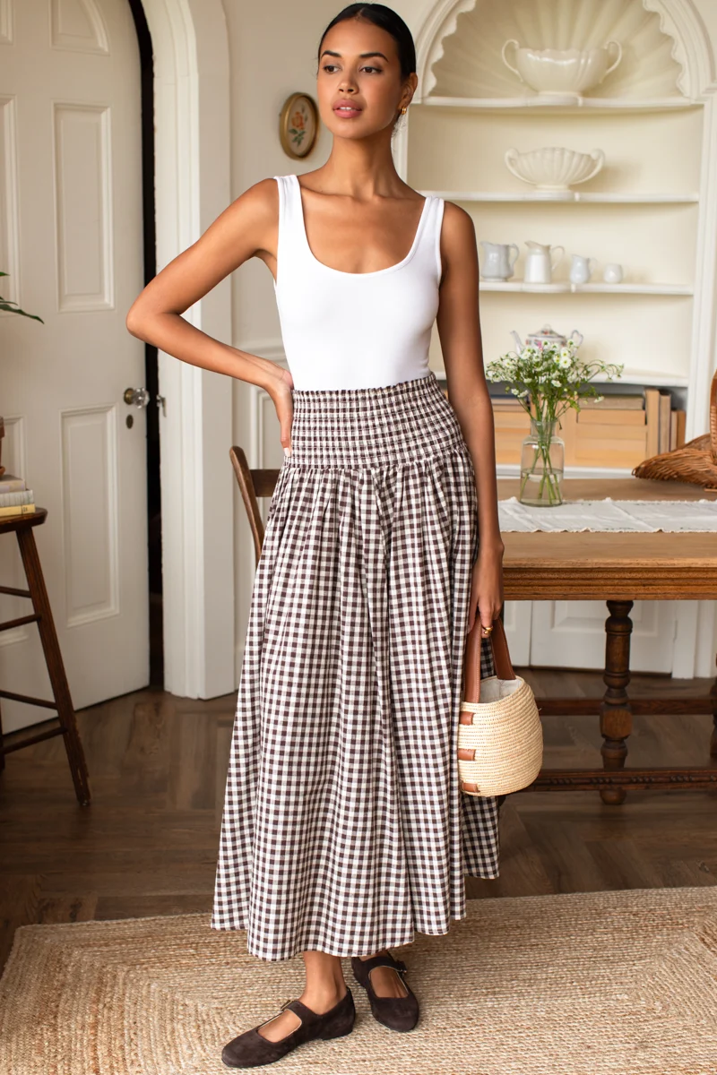 Smocked Maxi Skirt in Cocoa Gingham