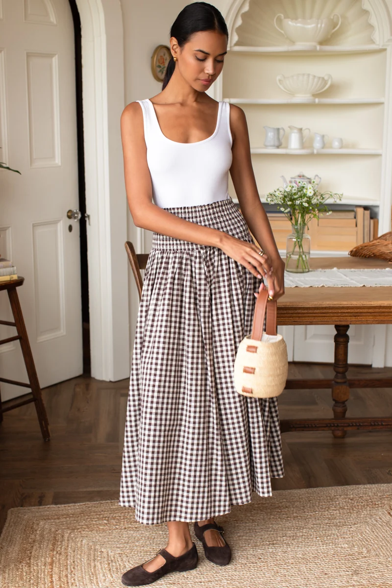 Smocked Maxi Skirt in Cocoa Gingham