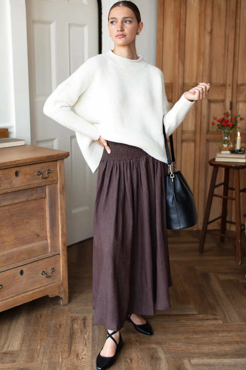 Smocked Maxi Skirt in Chestnut Linen