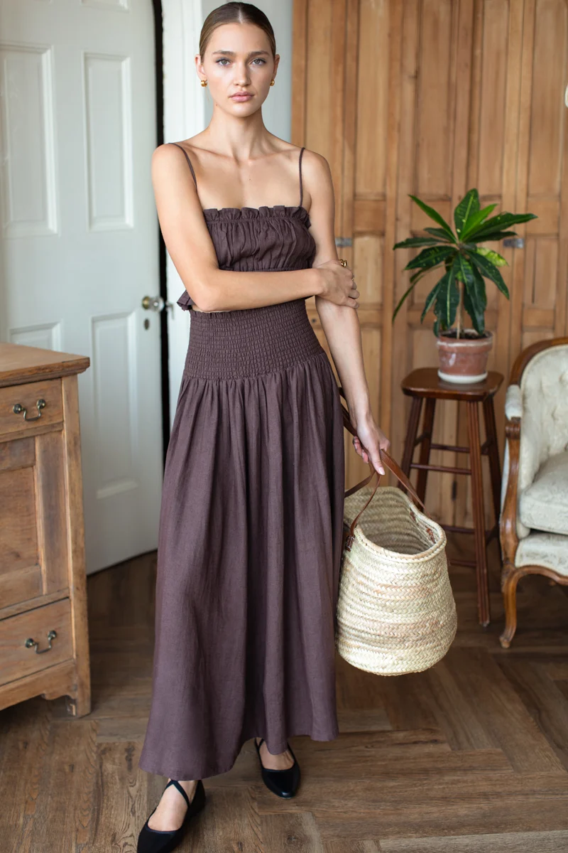 Smocked Maxi Skirt in Chestnut Linen