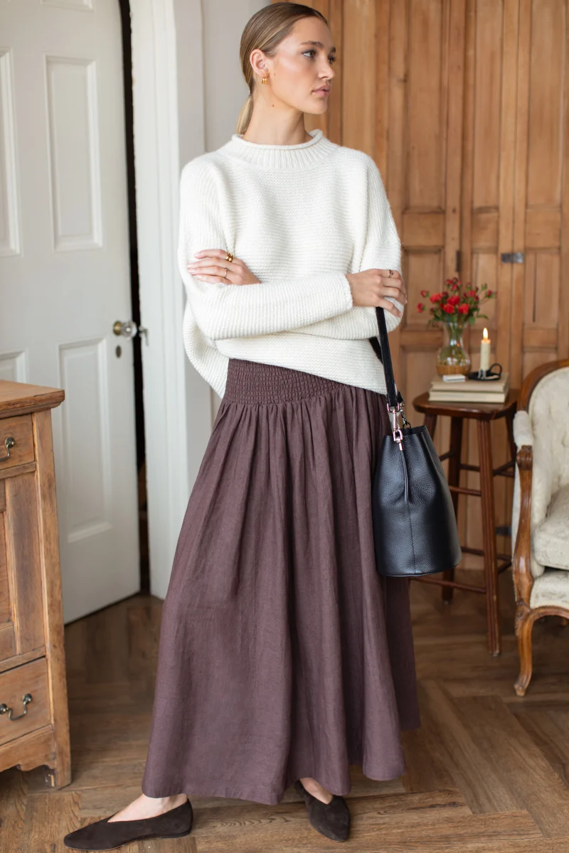 Smocked Maxi Skirt in Chestnut Linen