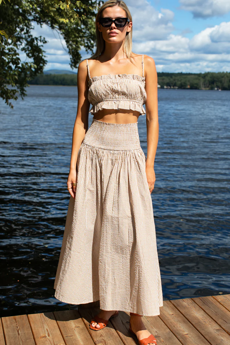 Emerson Fry Smocked Maxi Skirt in Cafe Check