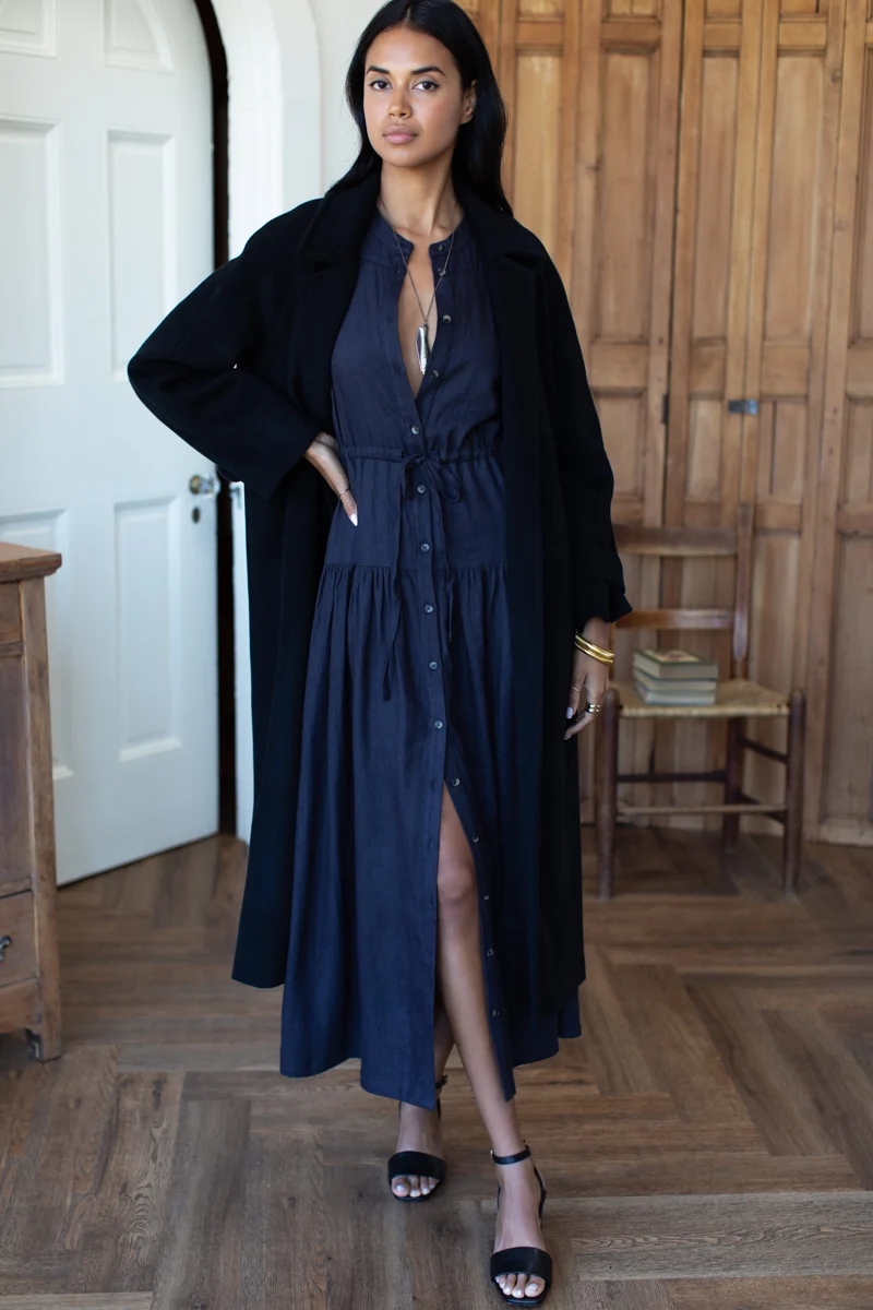 Lucy Basque Dress in Midnight Linen