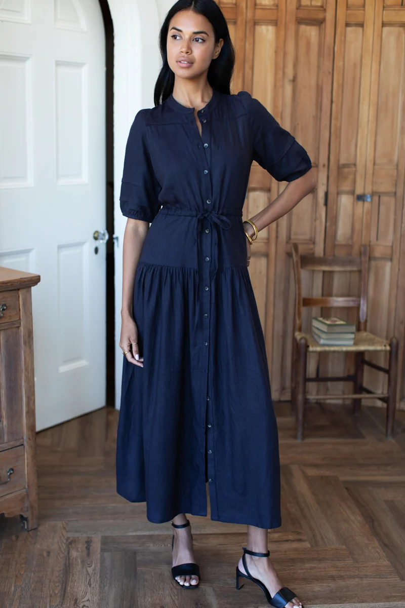 Lucy Basque Dress in Midnight Linen