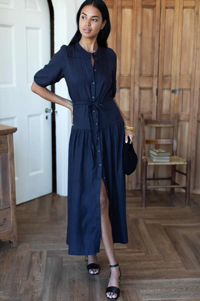 Lucy Basque Dress in Midnight Linen