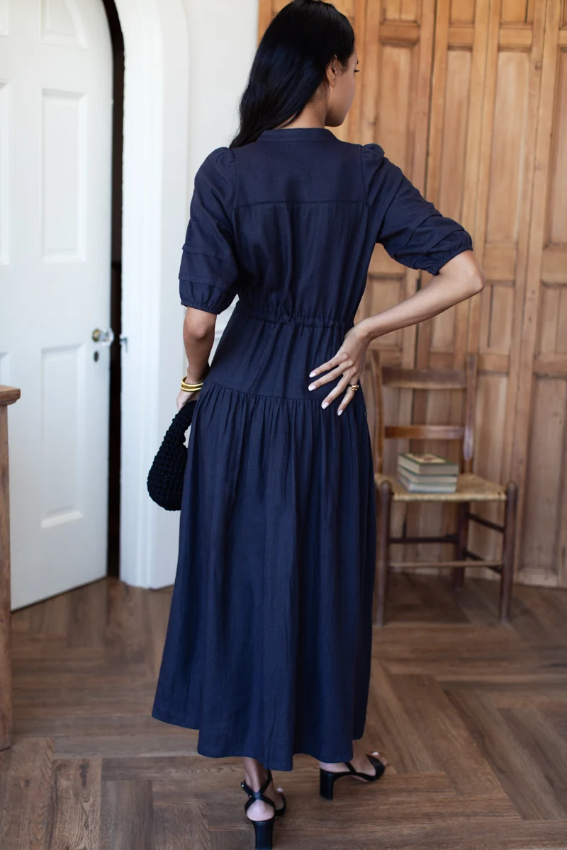 Lucy Basque Dress in Midnight Linen
