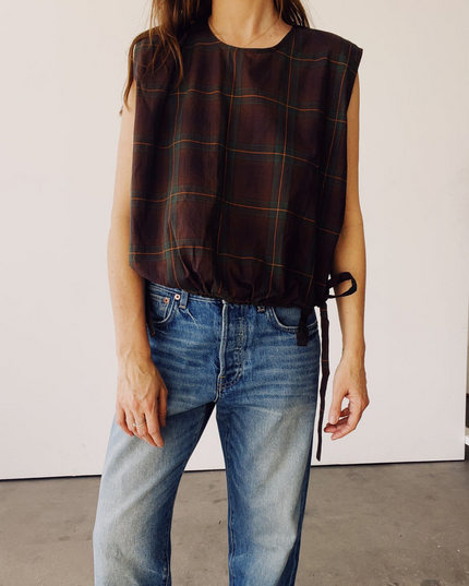 The Drawstring Crop in Brown Plaid