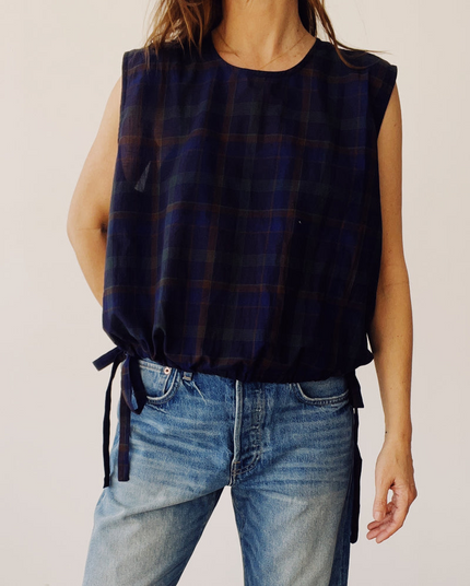 The Drawstring Crop in Navy Plaid