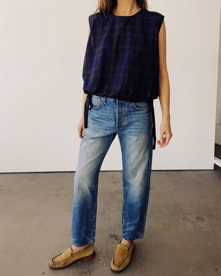 The Drawstring Crop in Navy Plaid