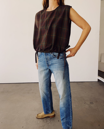 The Drawstring Crop in Brown Plaid