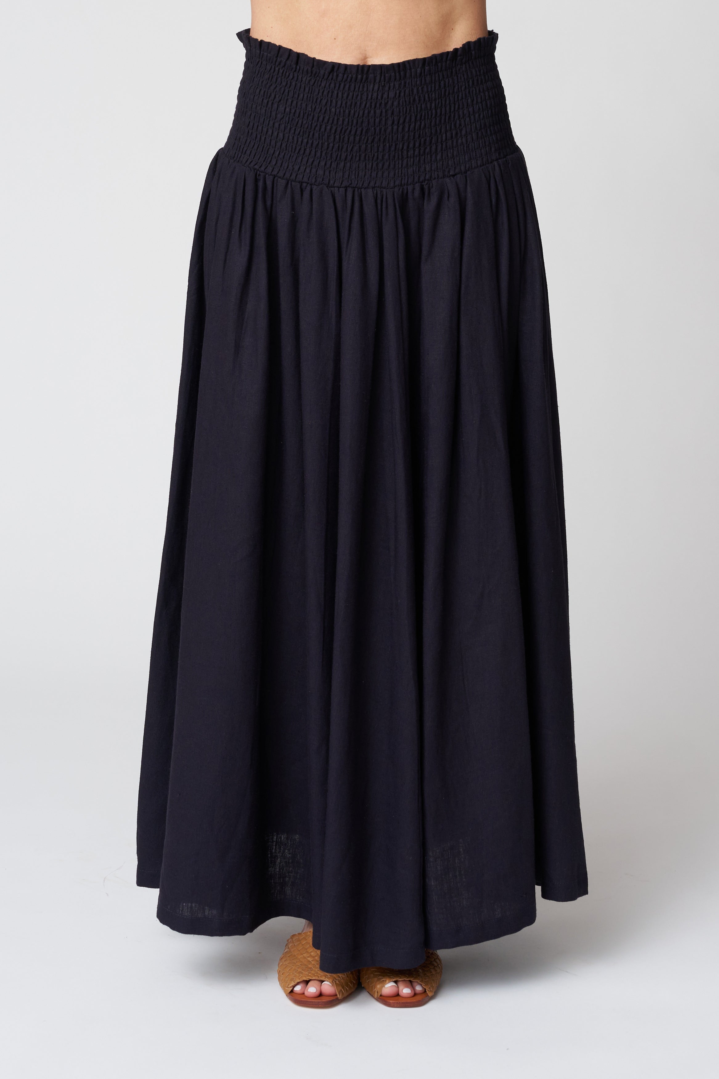 Emerson Fry Smocked Maxi Skirt in Midnight Linen