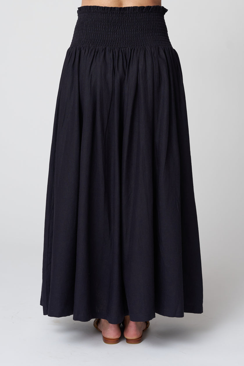 Emerson Fry Smocked Maxi Skirt in Midnight Linen
