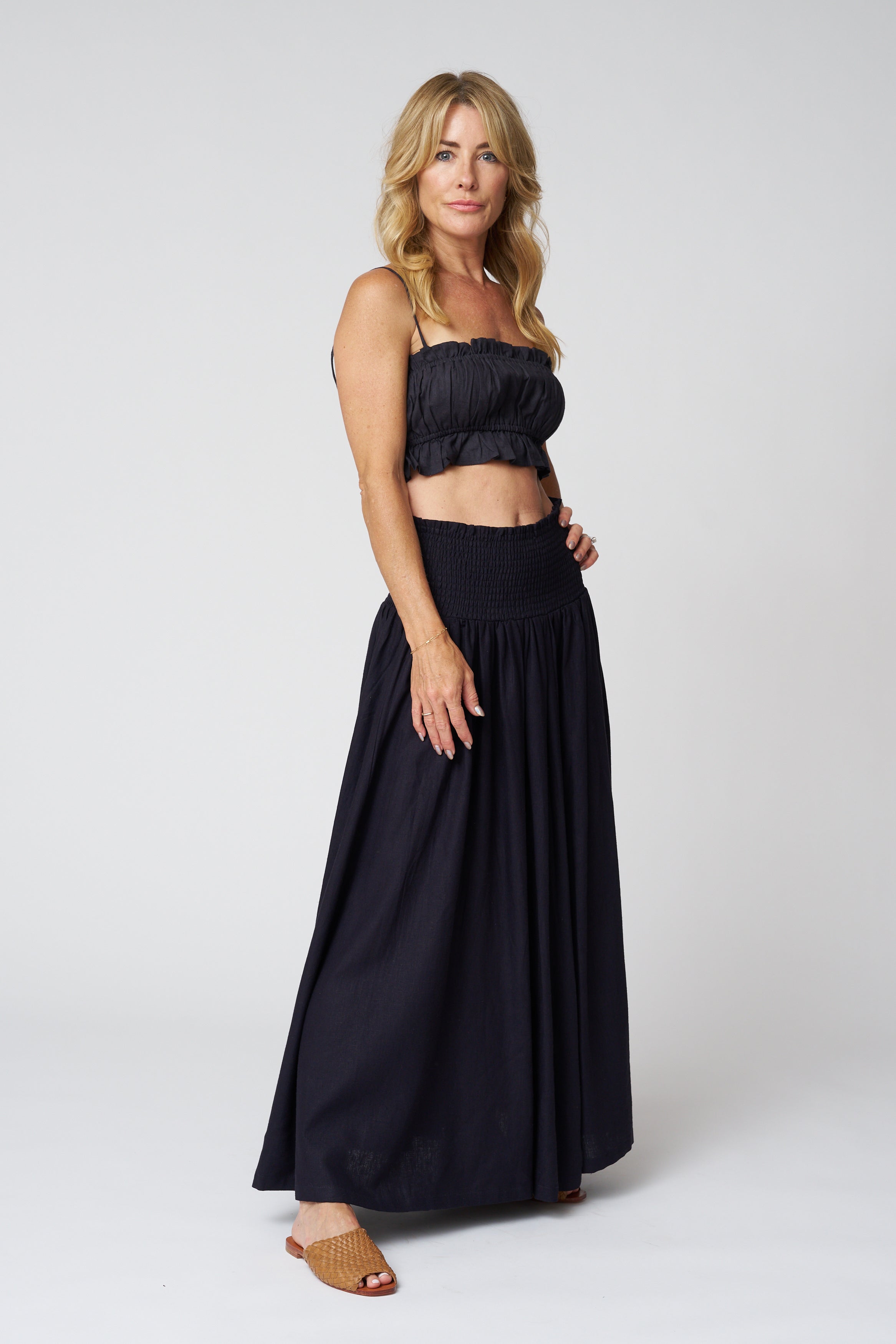Emerson Fry Smocked Maxi Skirt in Midnight Linen