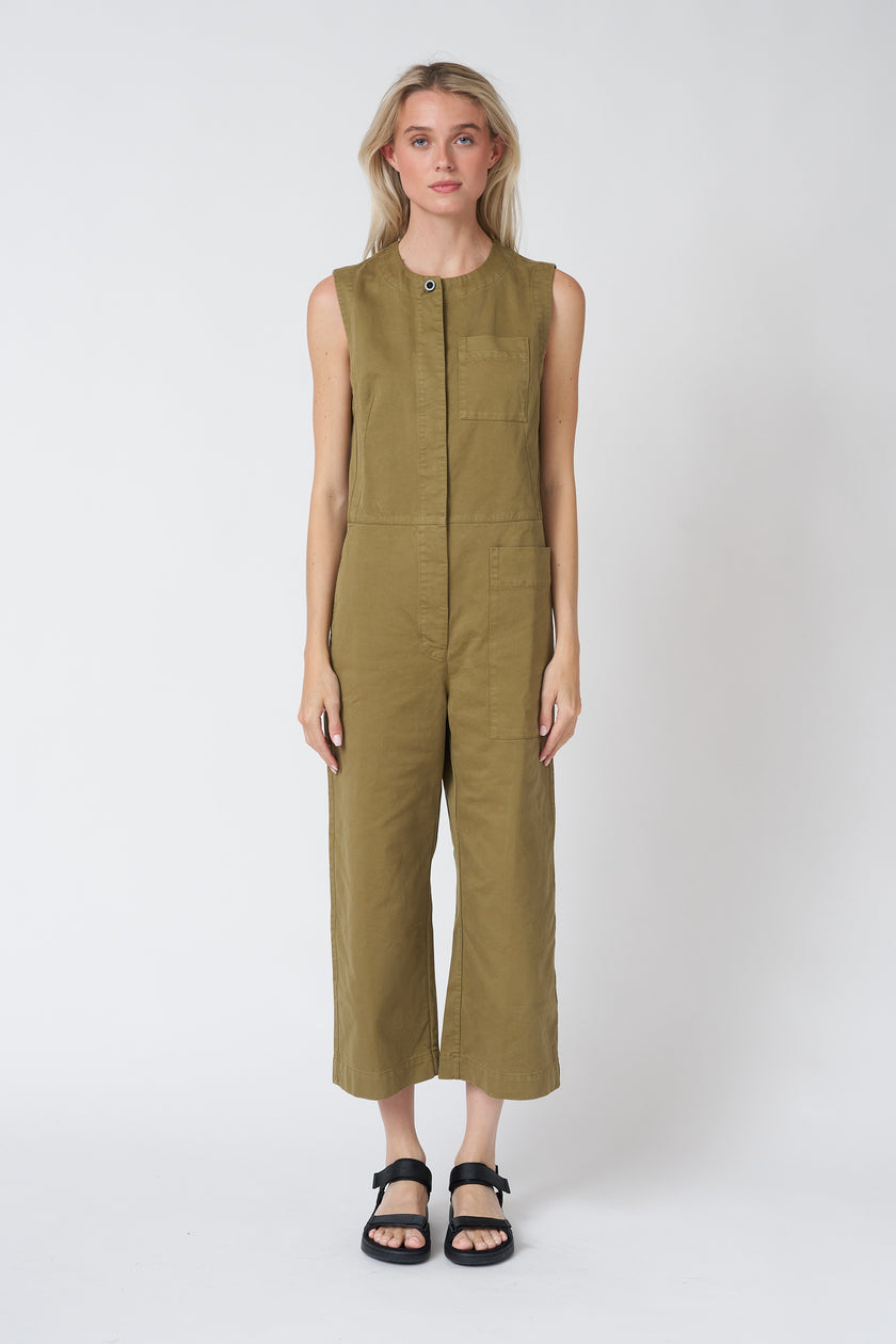 Sleeveless Cotton Twill Jumpsuit