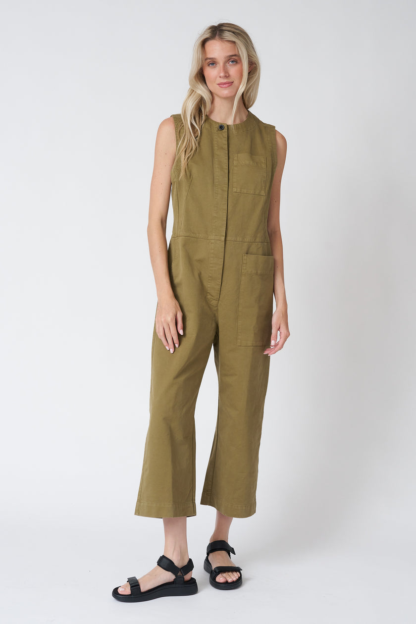 Sleeveless Cotton Twill Jumpsuit