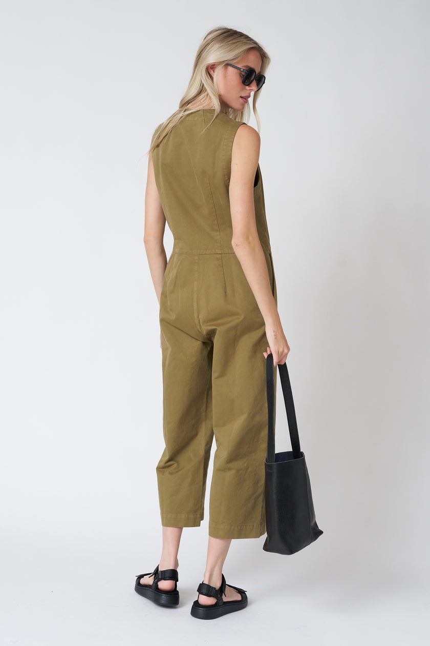 Sleeveless Cotton Twill Jumpsuit