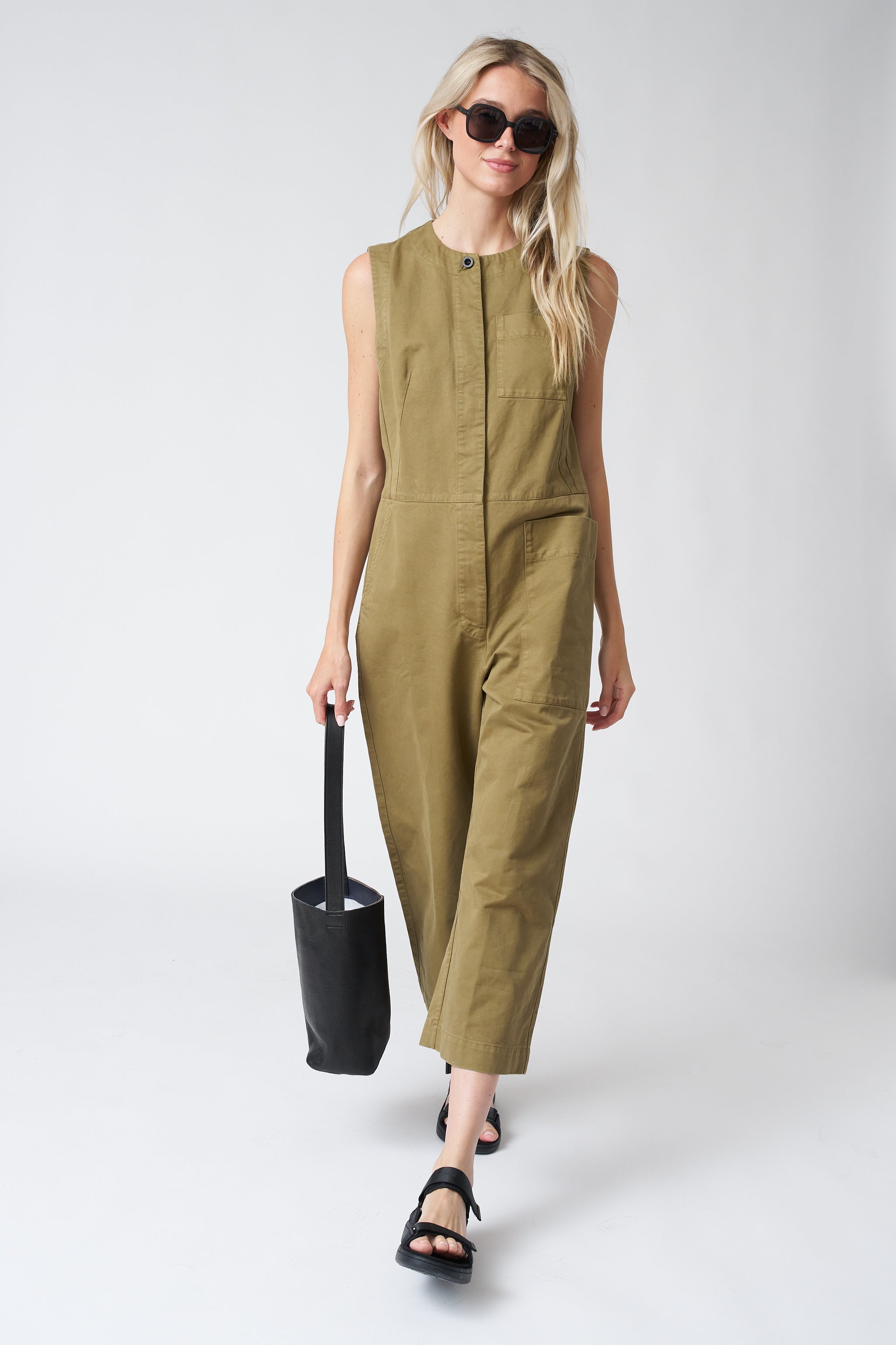 Sleeveless Cotton Twill Jumpsuit
