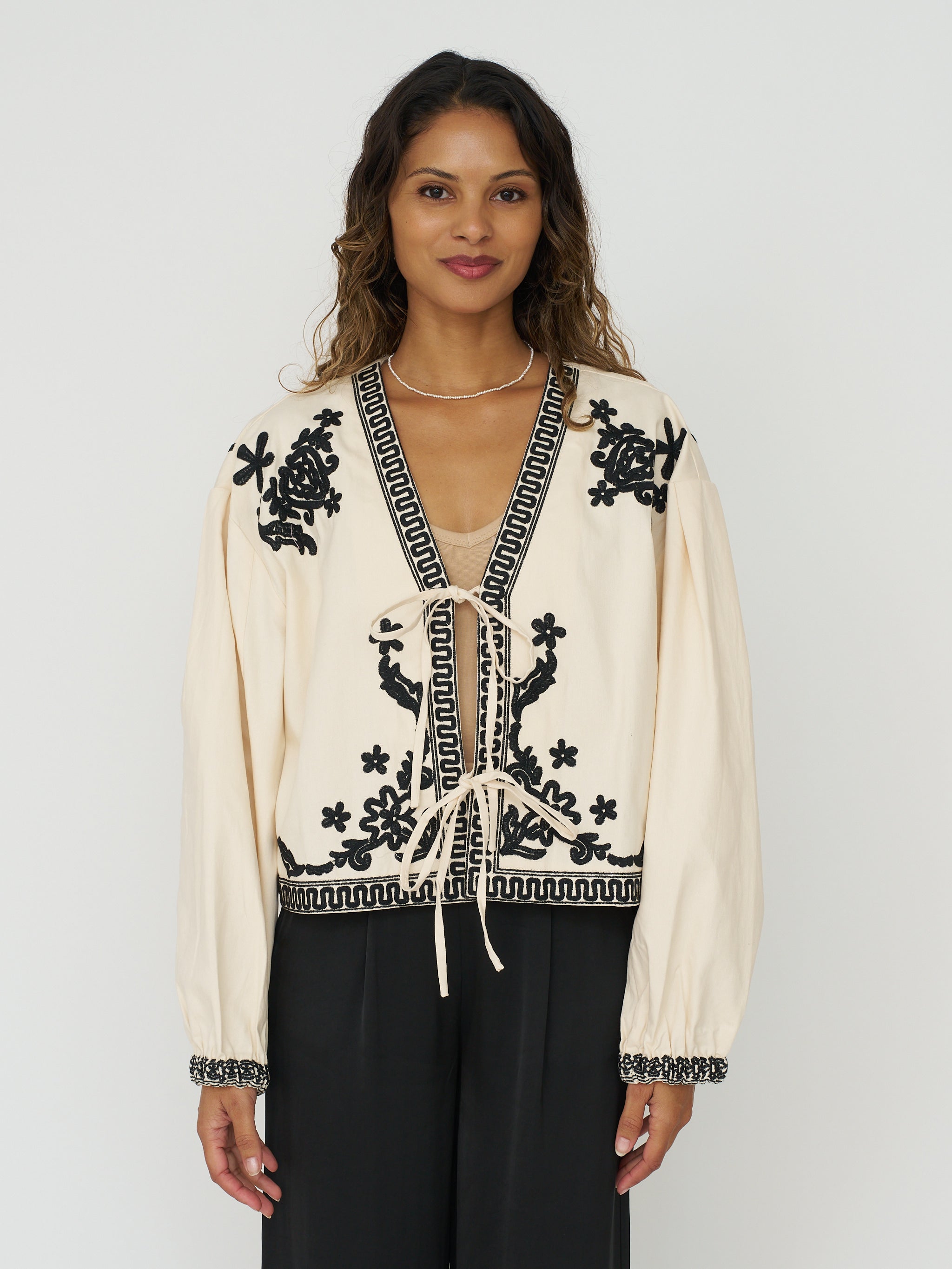 Embroidered Tie Front Jacket