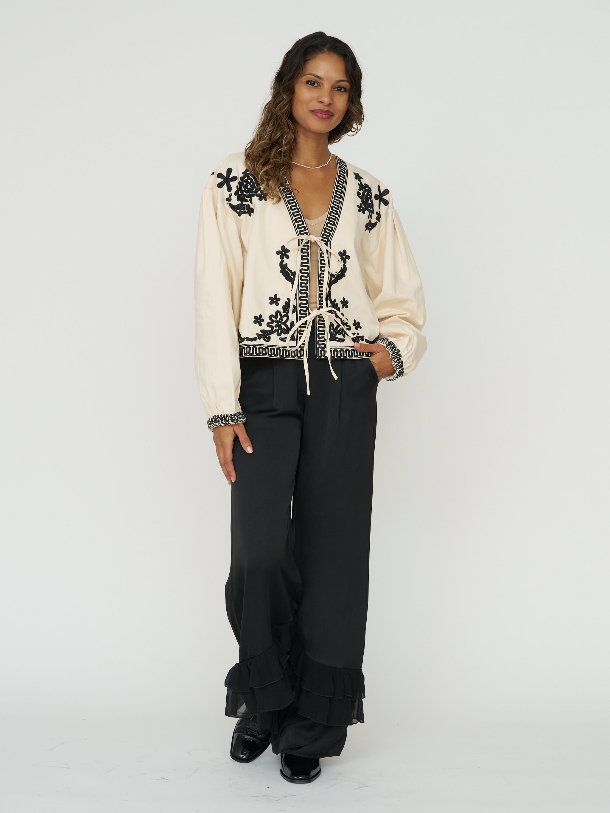 Embroidered Tie Front Jacket