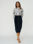 Cord-velvet Button Front Midi Skirt in Midnight