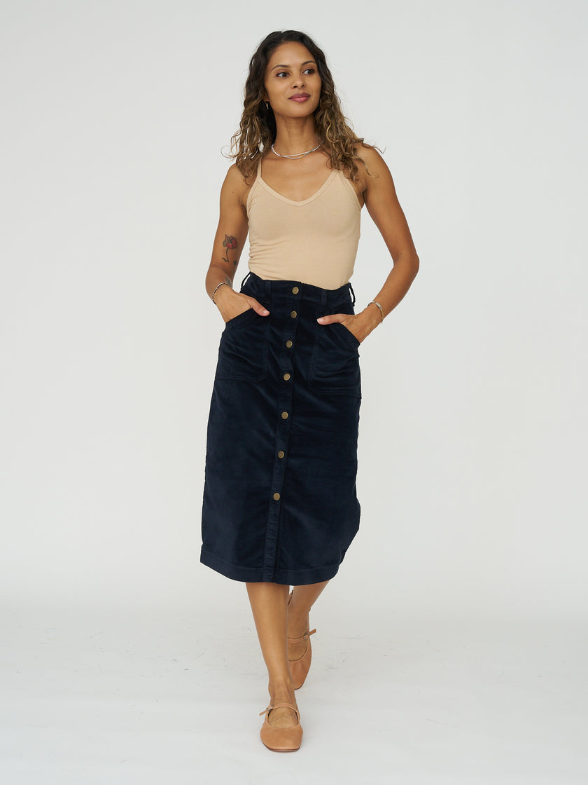 Cord-velvet Button Front Midi Skirt in Midnight