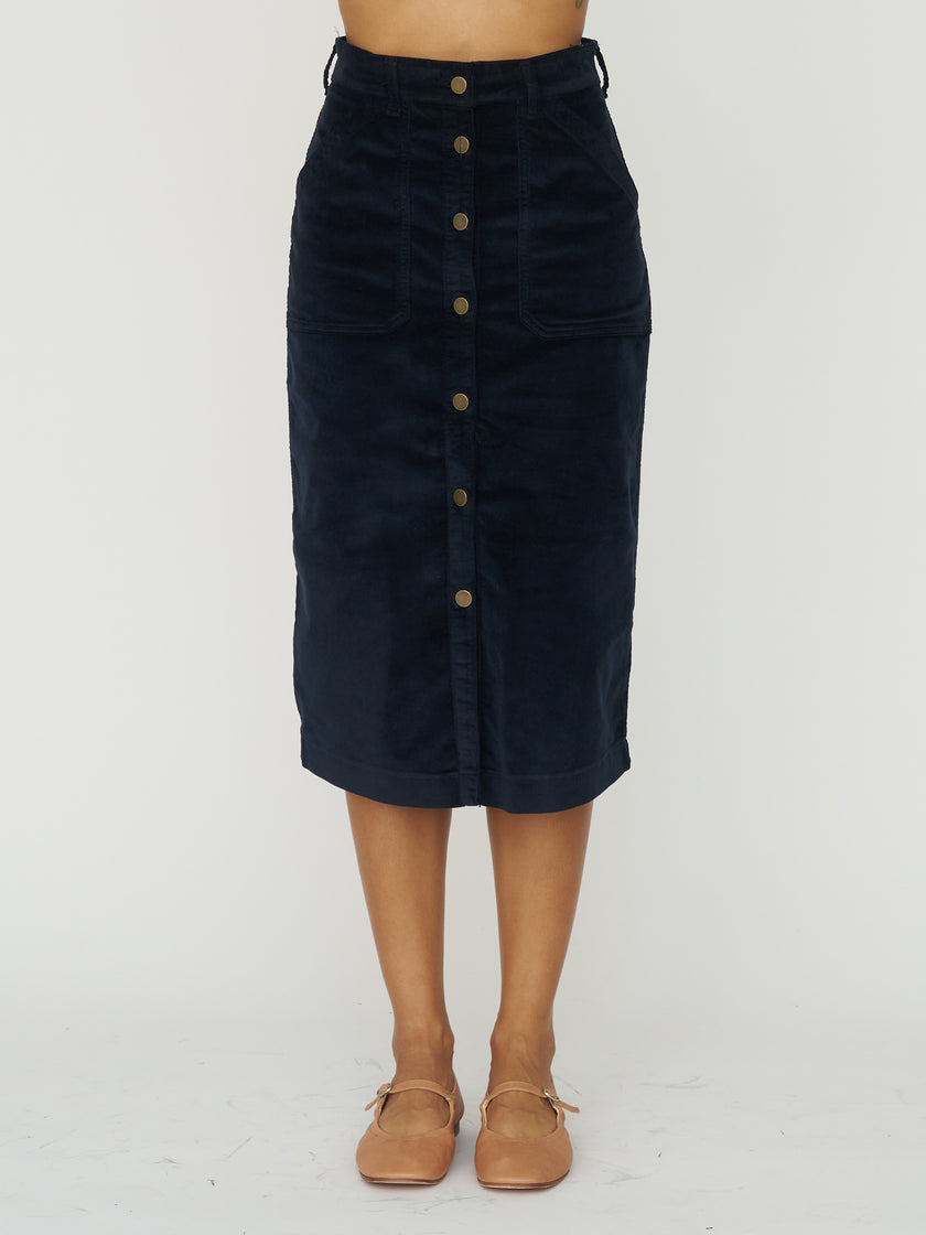 Cord-velvet Button Front Midi Skirt in Midnight
