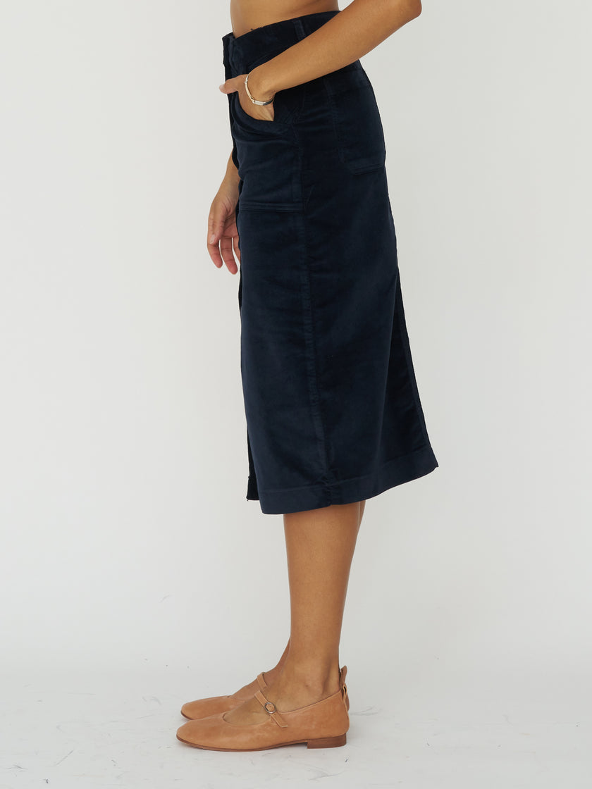 Cord-velvet Button Front Midi Skirt in Midnight