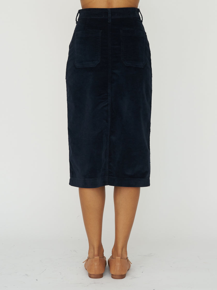 Cord-velvet Button Front Midi Skirt in Midnight