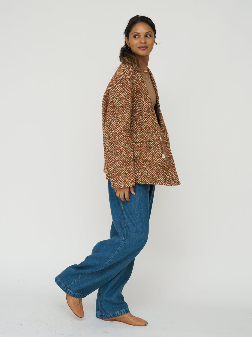 The New Society Wool Blazer in Camel Herringbone