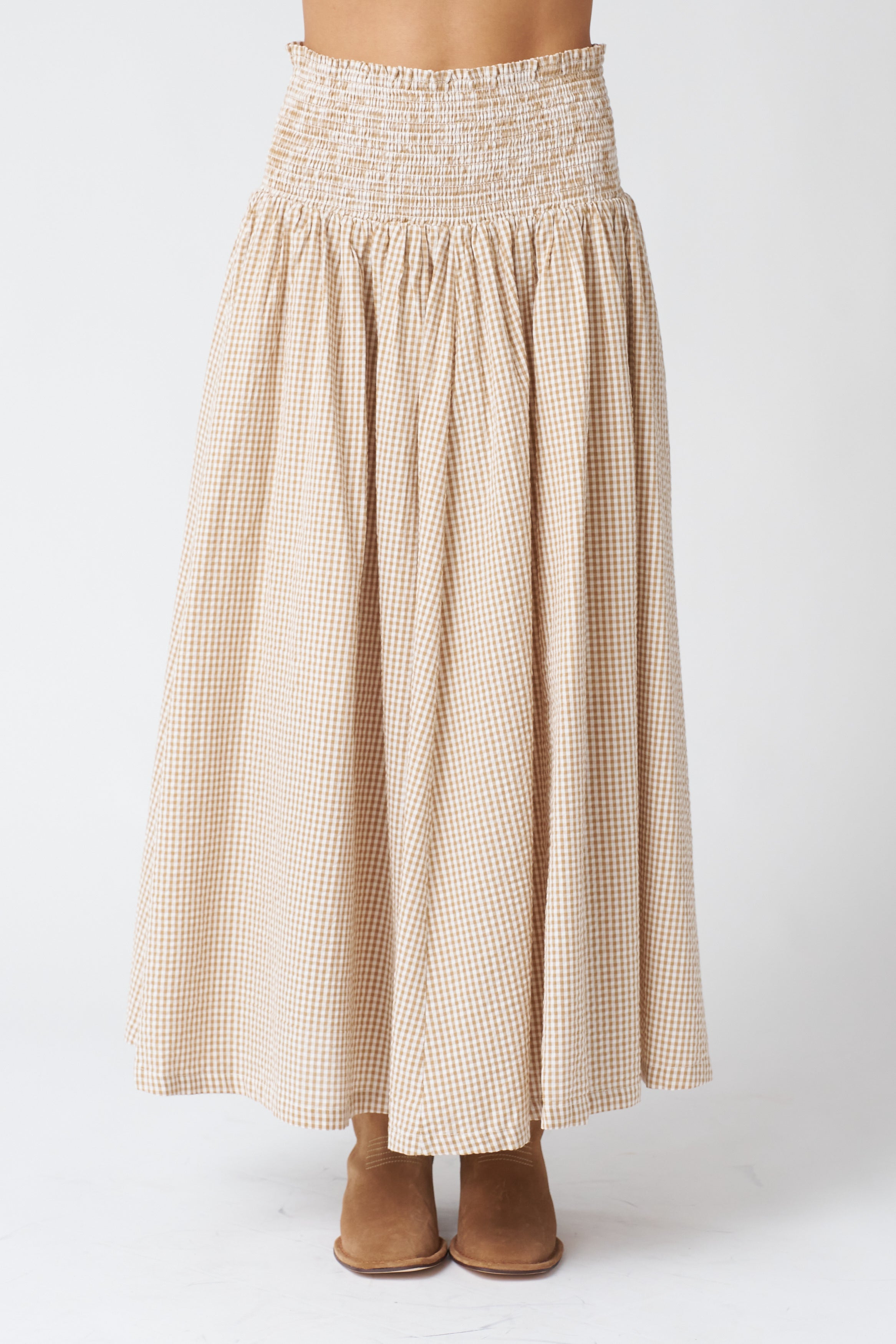 Emerson Fry Smocked Maxi Skirt in Cafe Check