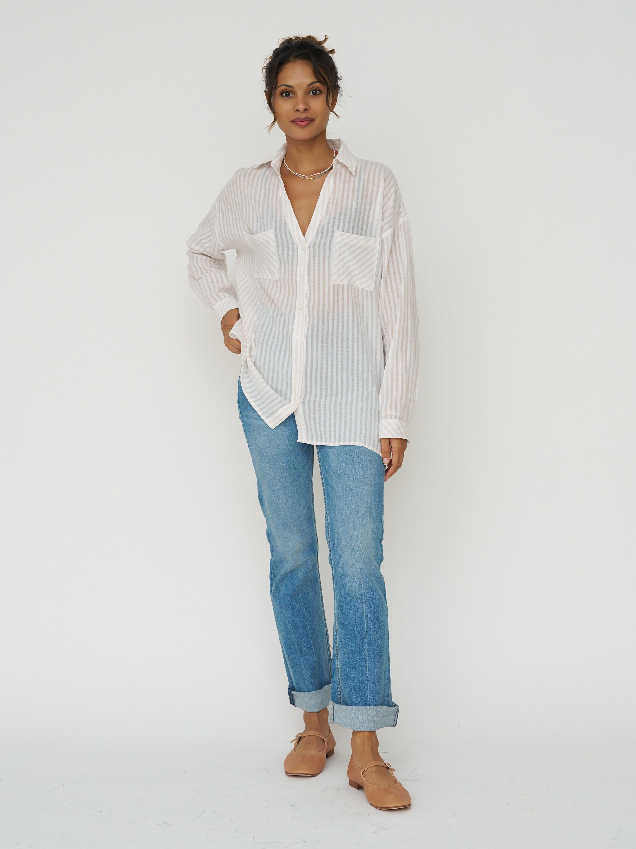 Cotton Gauze Striped Button Down