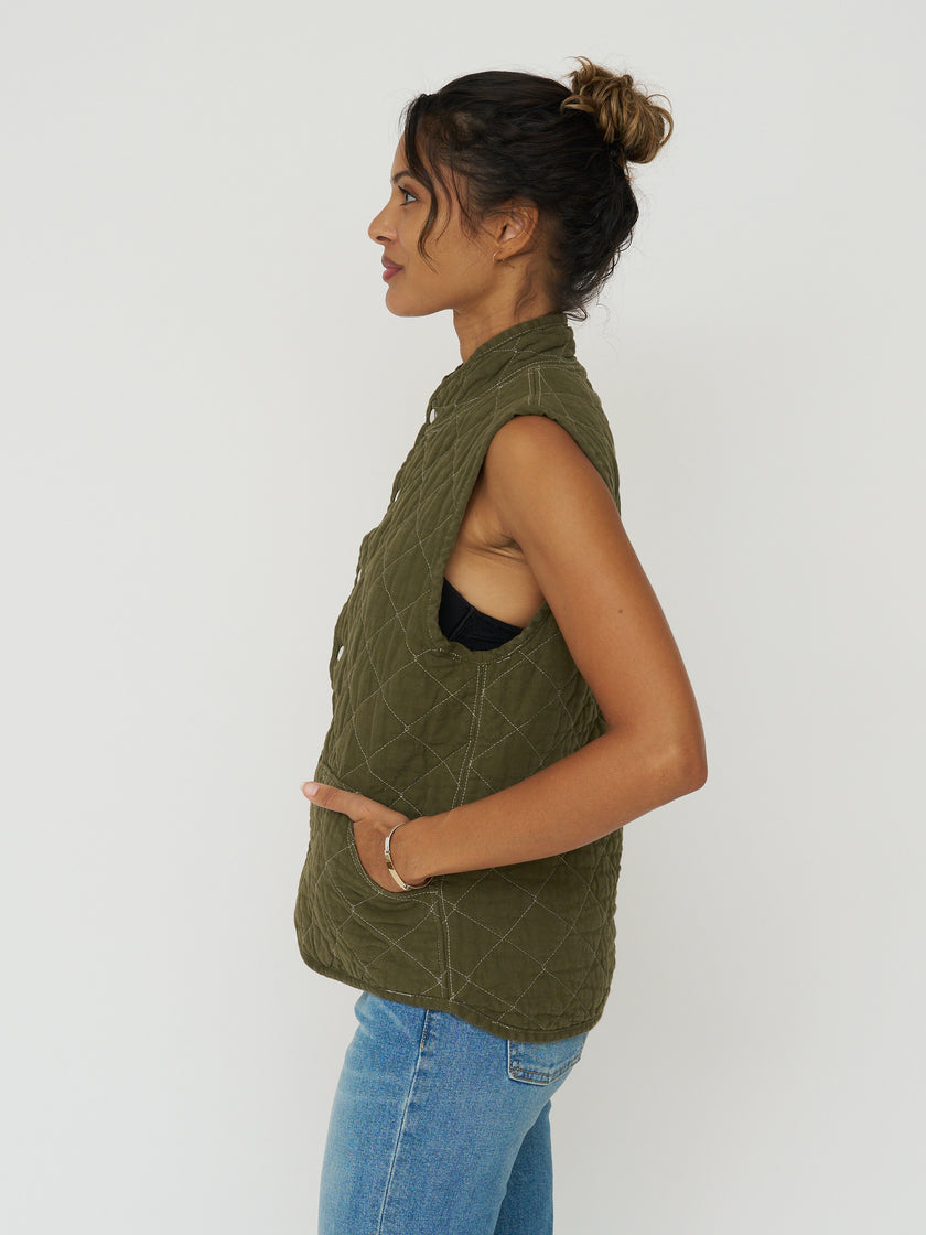 Quilted Snap Vest - Olive