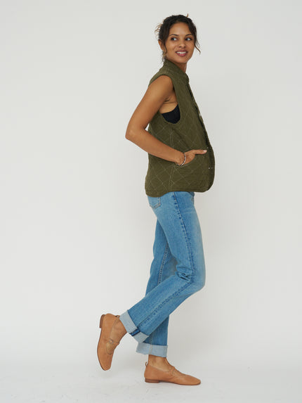 Quilted Snap Vest - Olive