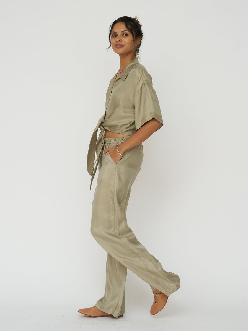 Lucid Flow Tie Pants in Khaki Green