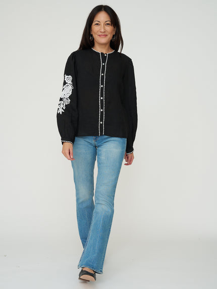 Sonmer Embroidered Linen Button Down in Black