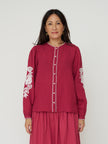 Sonmer Embroidered Linen Button Down in Cherry