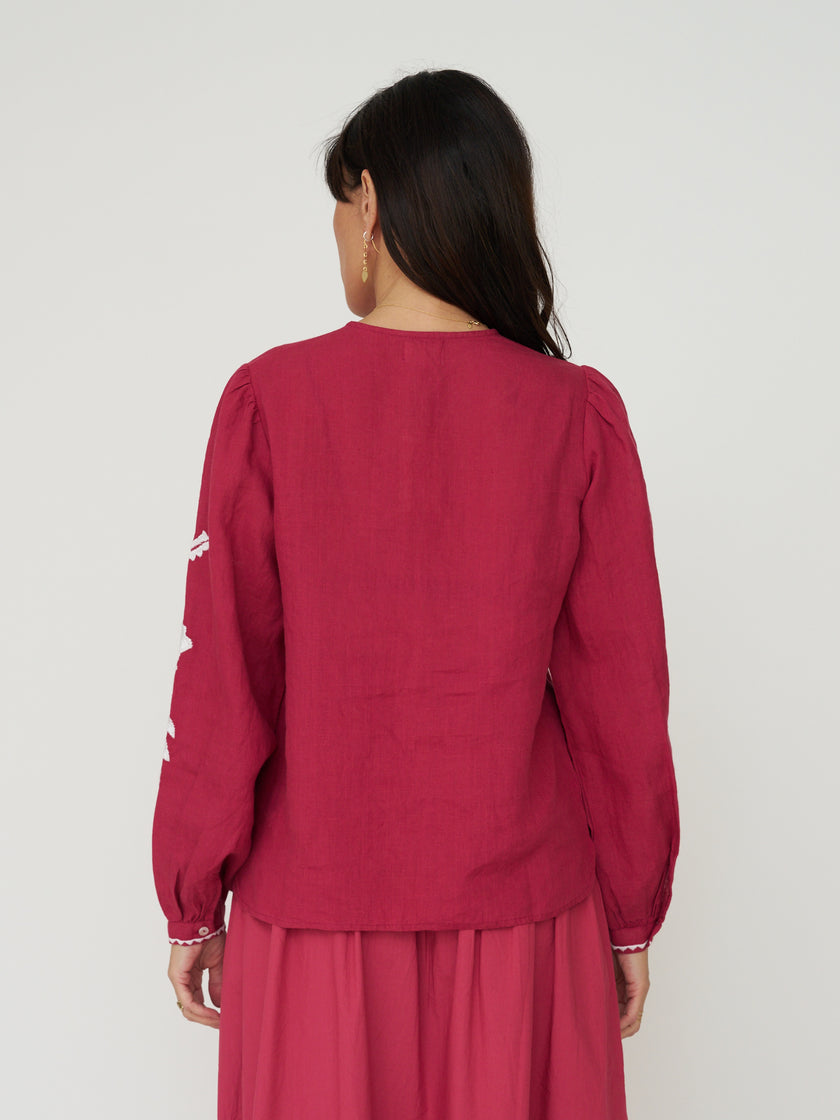 Sonmer Embroidered Linen Button Down in Cherry