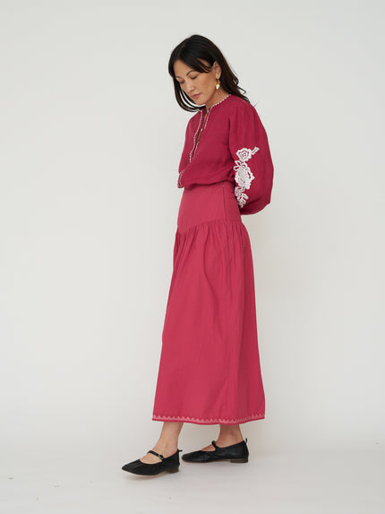 Sonmer Embroidered Linen Button Down in Cherry