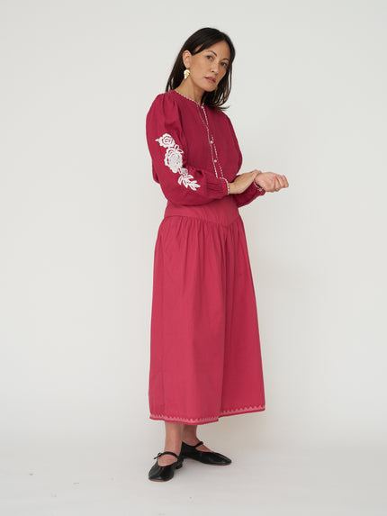 Sonmer Embroidered Linen Button Down in Cherry