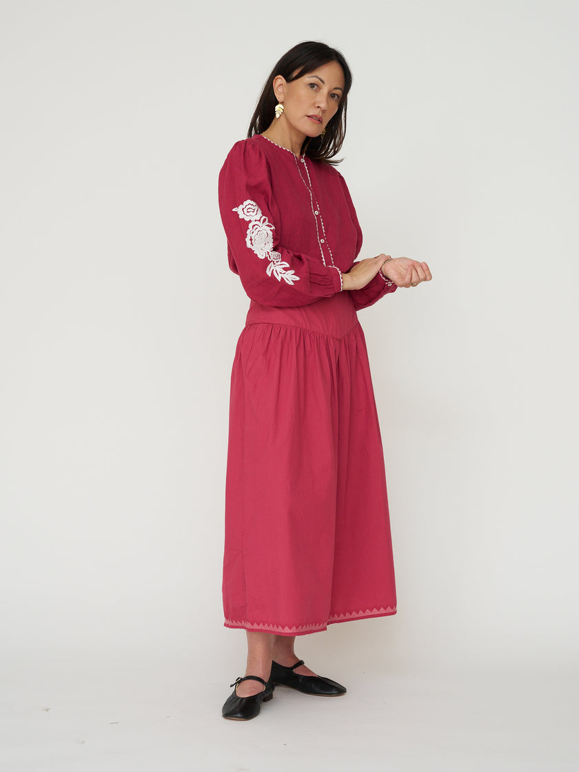 Sonmer Embroidered Linen Button Down in Cherry