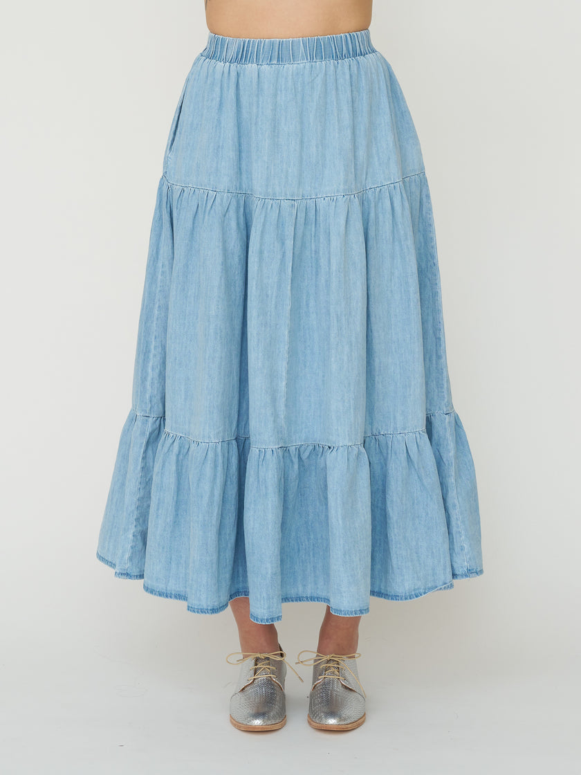 Tiered Denim Skirt - Light Wash