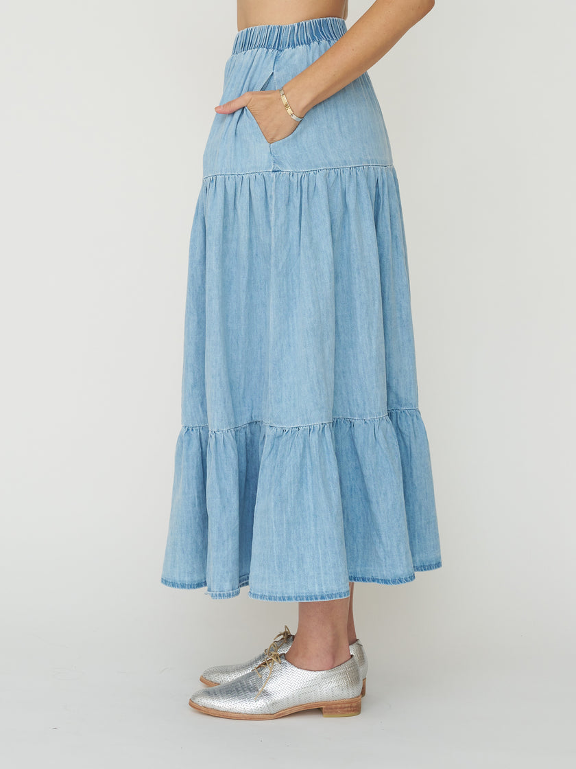 Tiered Denim Skirt - Light Wash