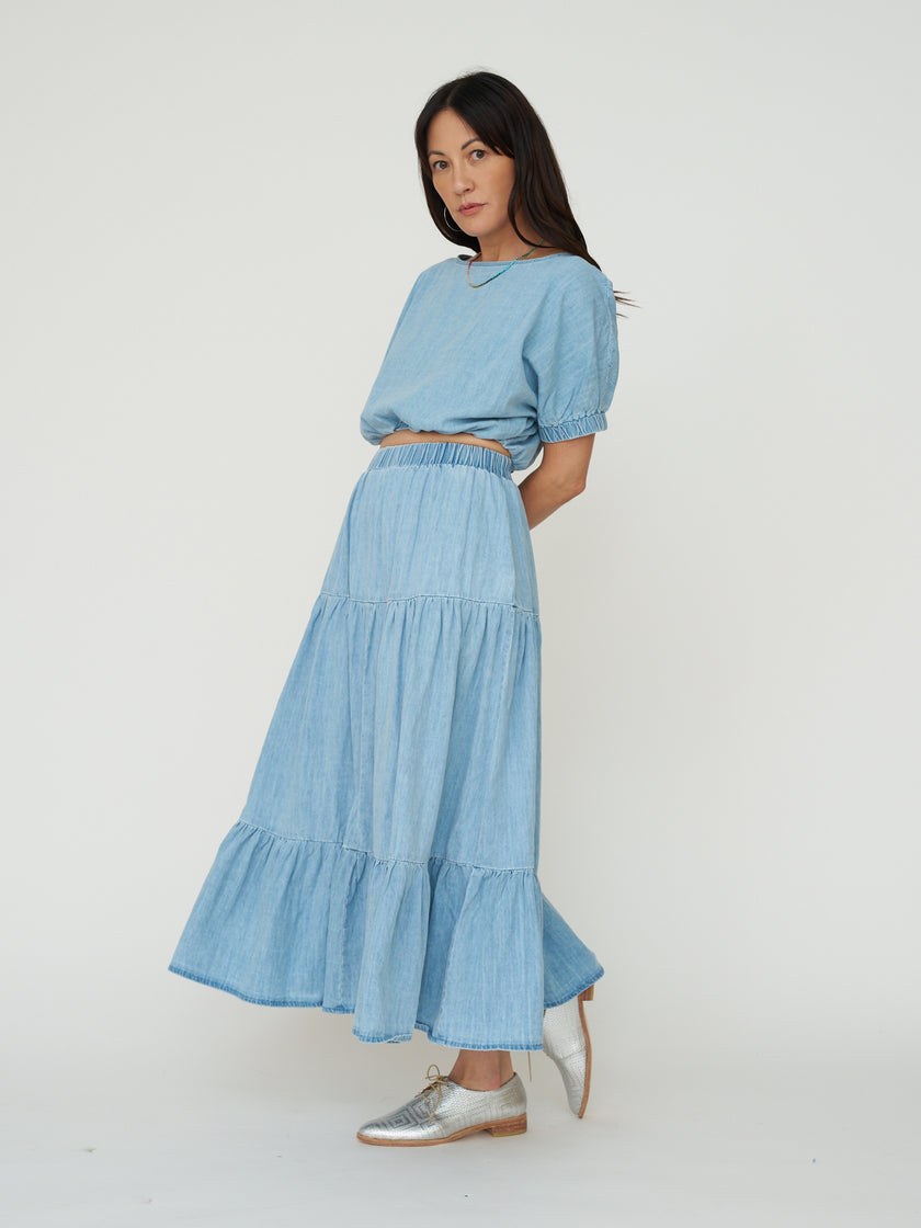 Tiered Denim Skirt - Light Wash