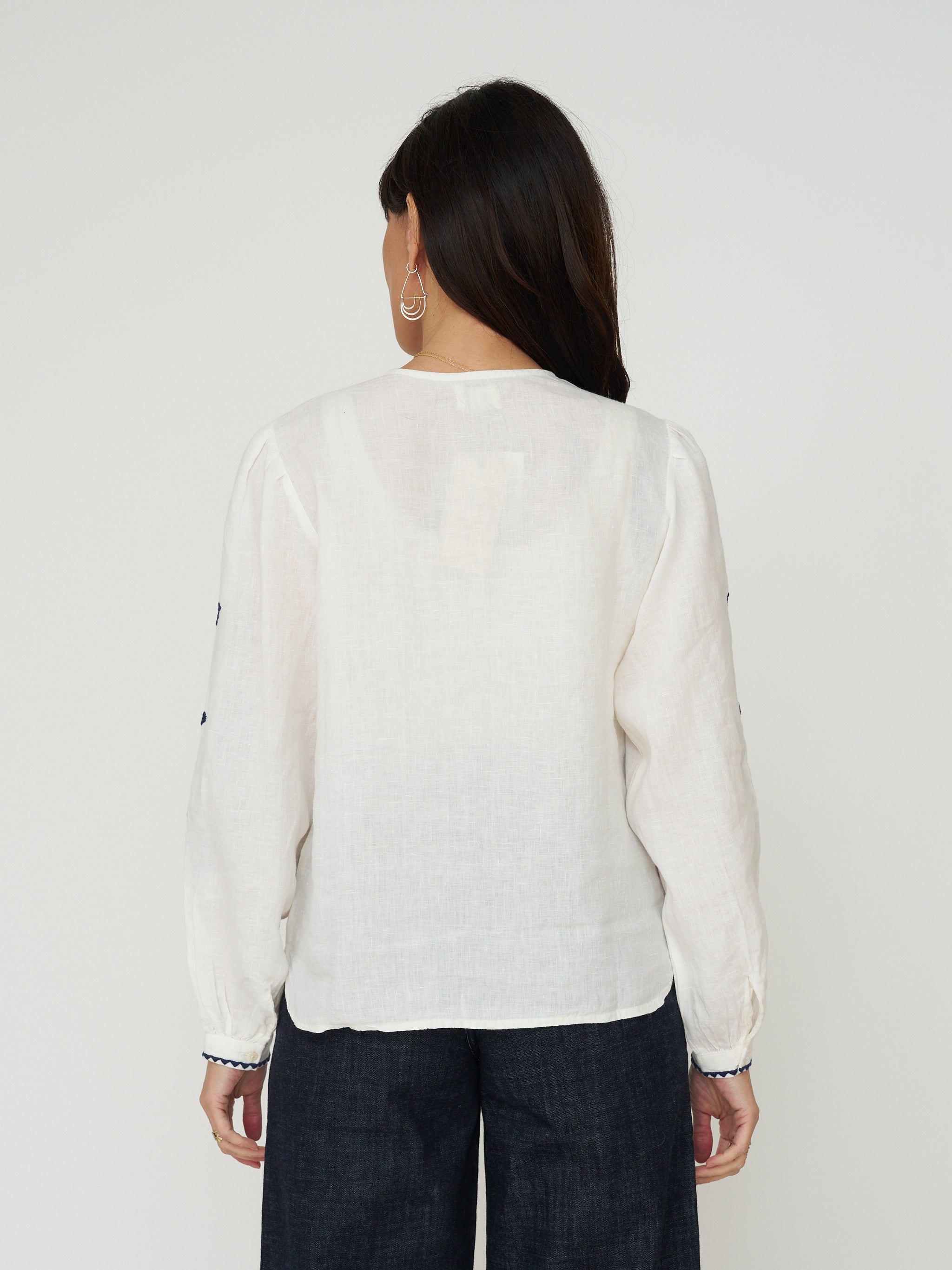 Sonmer Embroidered Linen Button Down in Ecru with Navy