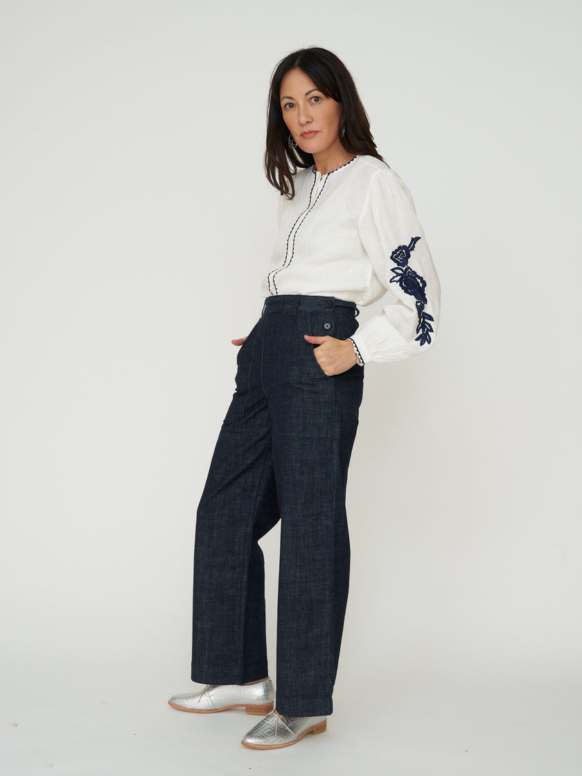 Sonmer Embroidered Linen Button Down in Ecru with Navy