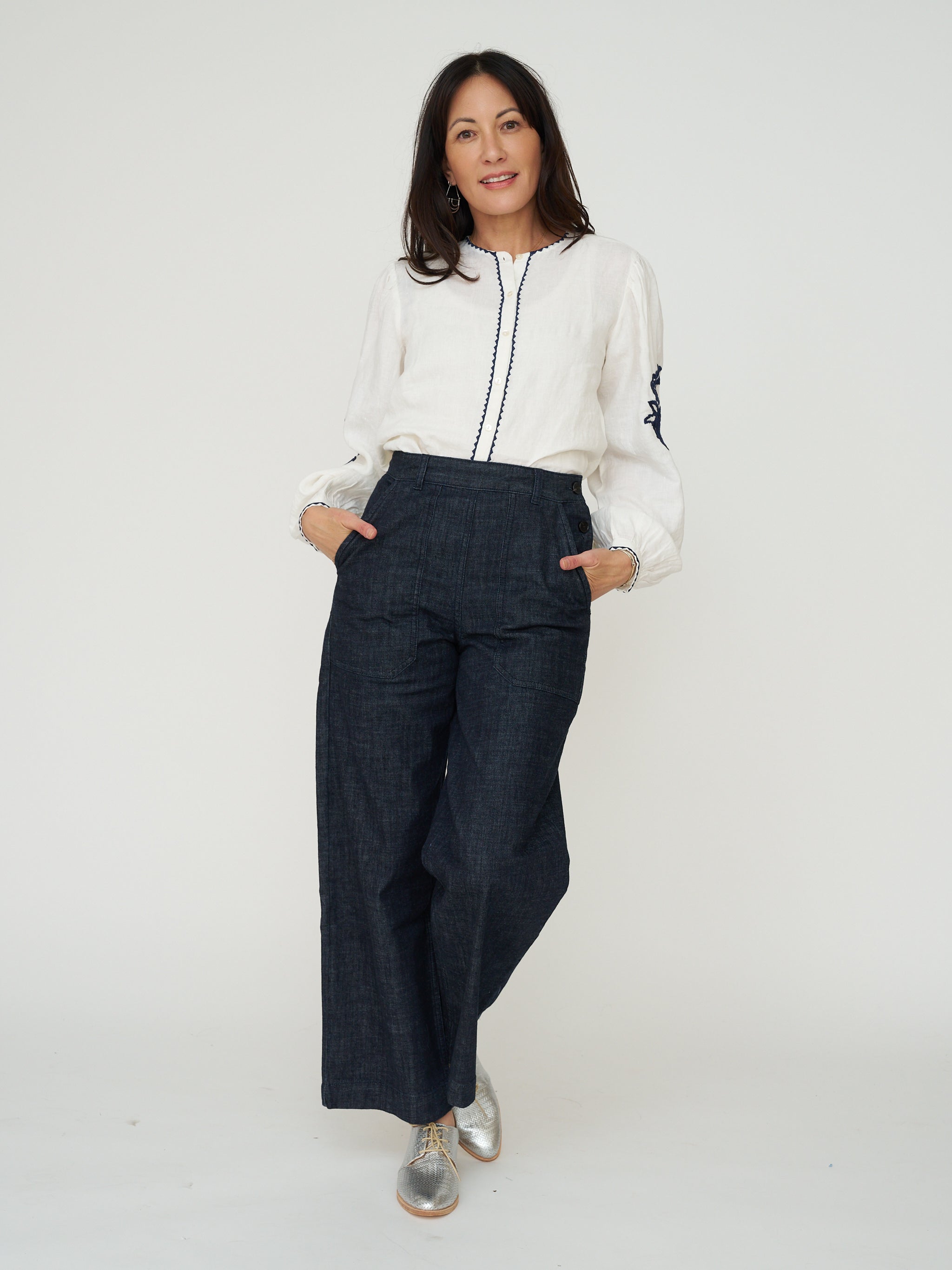 Sonmer Embroidered Linen Button Down in Ecru with Navy